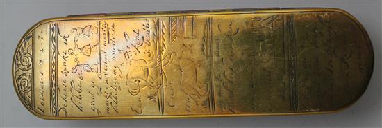 An 18th century Dutch engraved copper and brass tobacco box, largest 6.25in.